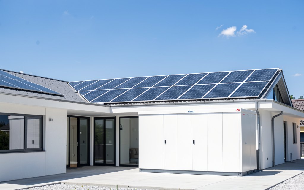 Batteriespeicher am Gebäude mit PV-Dach.