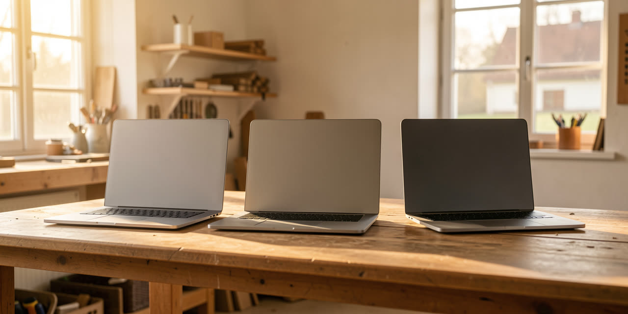 Drei Laptops nebeneinander auf einem Holztisch