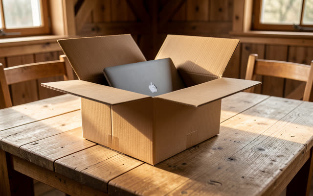 Ungeöffneter Versandkarton mit Laptop auf dem Hoftisch