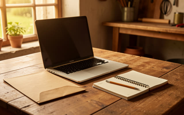 Laptop, Aktenordner und Notizblock nebeneinander