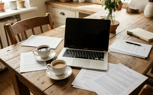 Zwei Kaffeetassen und ein Laptop auf dem Küchentisch