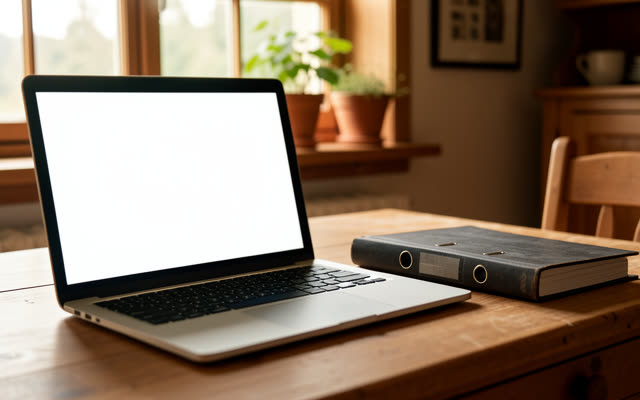 Aufgeklappter Laptop mit geschlossenem Ordner daneben