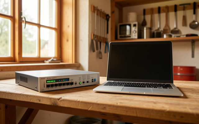Netzwerkgerät und Laptop im aufgeräumten Technikraum