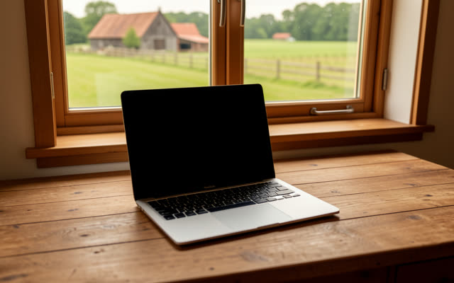 Laptop am Schreibtisch mit Blick auf den grünen Hof