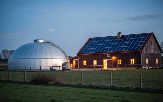 Hof zur blauen Stunde mit Biogaskuppel und Solardach