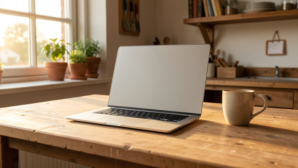 Aufgeklappter Laptop auf einem Holztisch im hellen Hofbüro